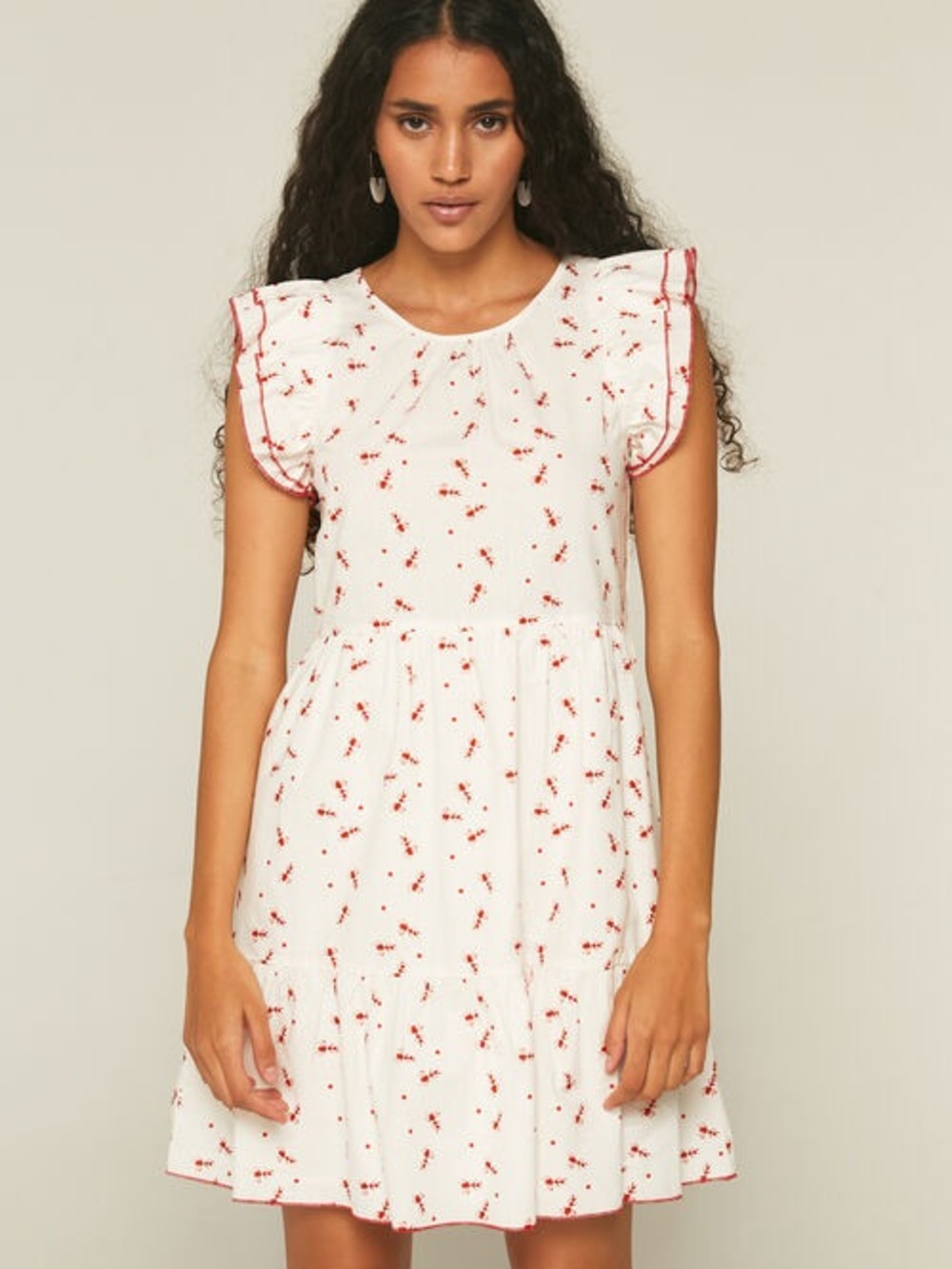 Compania Fantastica White Red Ruffle Sleeveless Whimsy Ant Print Mini Dress Lrg